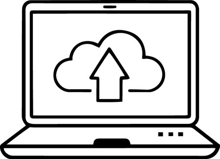 Laptop computer with cloud upload icon. Vector illustration isolated on white backgroundのイラスト素材
