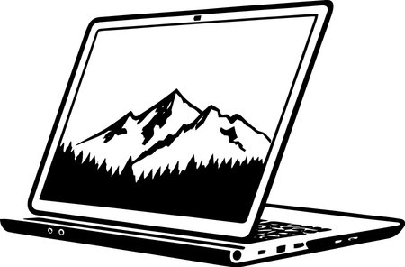 Laptop with mountain on screen.Vector illustration ready for vinyl cutting.のイラスト素材