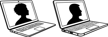 Silhouettes of a man and a woman on a laptop.のイラスト素材