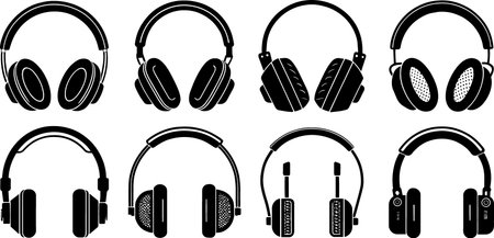 headphones icon set isolated on white background in black and white colorsのイラスト素材