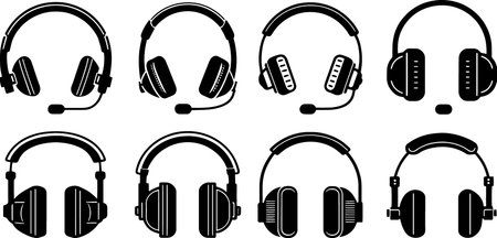 set of headphones on a white background, vector illustration in black and whiteのイラスト素材