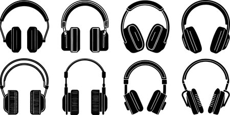Headphones. Set of black silhouettes of headphones. Vector illustration.のイラスト素材