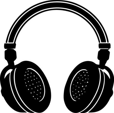 Black and white illustration of a pair of headphones on white background.のイラスト素材