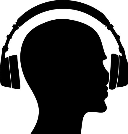 Vector silhouette of a man's head with headphones on white background.のイラスト素材