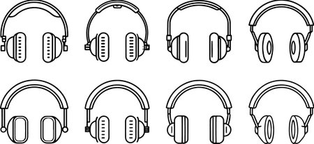 Headphones icon set, black and white design, vector illustration.のイラスト素材