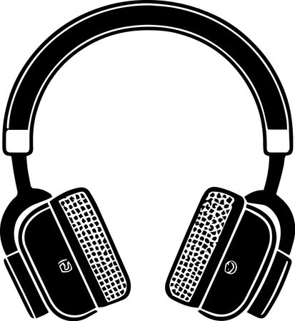 Black and white illustration of a pair of headphones on white background.のイラスト素材