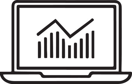 Black line Laptop with graph icon isolated on white background. Report text file icon. Accounting sign. Audit, analysis, planning. Vector Illustrationのイラスト素材