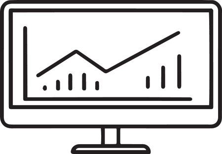 Black line Computer monitor with graph icon isolated on white background. Report text file icon. Accounting sign. Audit, analysis, planning. Vector Illustrationのイラスト素材