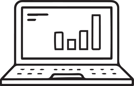 Black line Laptop with graph chart icon isolated on white background. Report text file icon. Accounting sign. Audit, analysis, planning. Vector Illustrationのイラスト素材