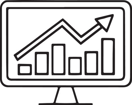 Black line Computer monitor with graph icon isolated on white background. Report text file icon. Accounting sign. Audit, analysis, planning. Vector Illustrationのイラスト素材
