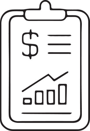 Black line Clipboard with financial chart icon isolated on white background. Report text file icon. Accounting sign. Audit, analysis, planning. Vector Illustrationのイラスト素材