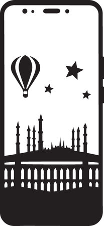 Smartphone with the silhouette of the mosque and the hot air balloonのイラスト素材