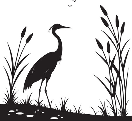 Heron in the wild. Silhouette. Vector illustration.のイラスト素材