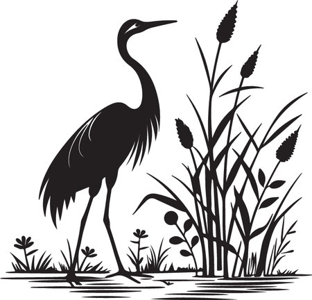 Heron in the reeds, black and white vector illustration.のイラスト素材