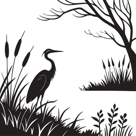 Heron and reed silhouettes. Black and white illustration.のイラスト素材