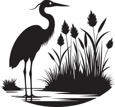 Heron and reeds.Vector illustration ready for vinyl cutting.のイラスト素材