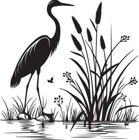 Vector image of a heron on a background of reeds.のイラスト素材