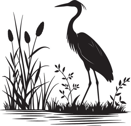 Heron and reeds.Vector illustration ready for vinyl cutting.のイラスト素材