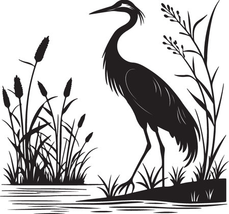 Heron and reeds.Vector illustration ready for vinyl cutting.のイラスト素材