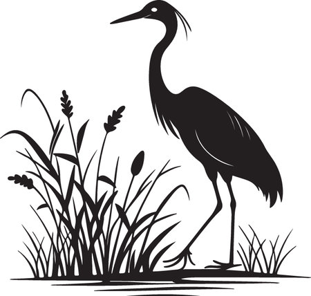 Heron in the grass.Vector illustration ready for vinyl cutting.のイラスト素材