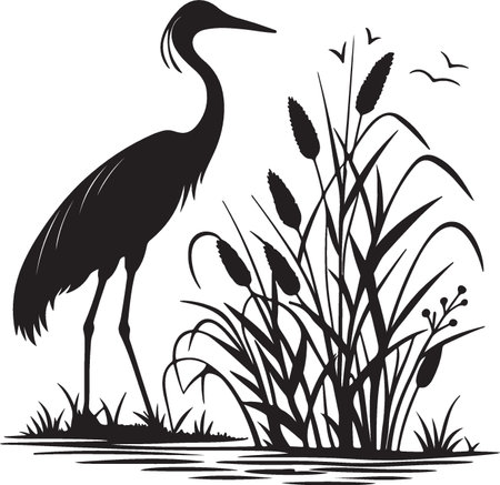 Heron on the reed.Vector illustration ready for vinyl cutting.のイラスト素材