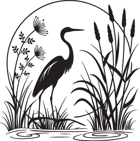 Heron and reed silhouettes. Vector illustration ready for vinyl cutting.のイラスト素材