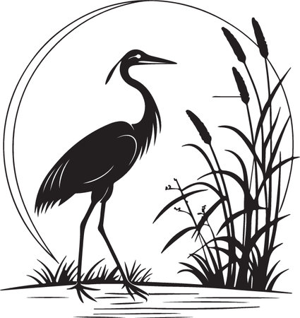 Vector image of a heron on a background of reeds.のイラスト素材