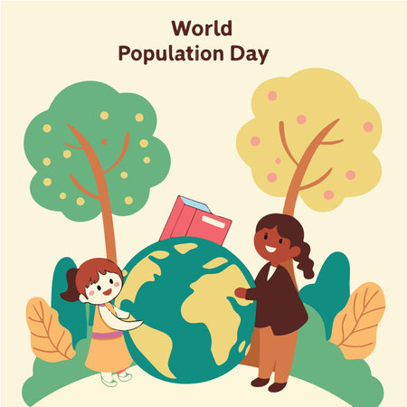 World Population Day. Vector illustration of a girl and a boy with a globe.のイラスト素材