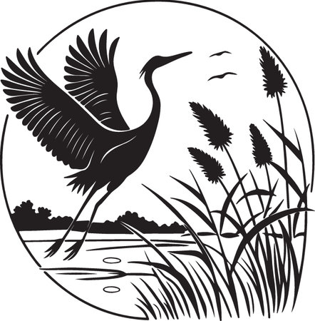 Heron on the lake.Vector illustration ready for vinyl cutting.のイラスト素材