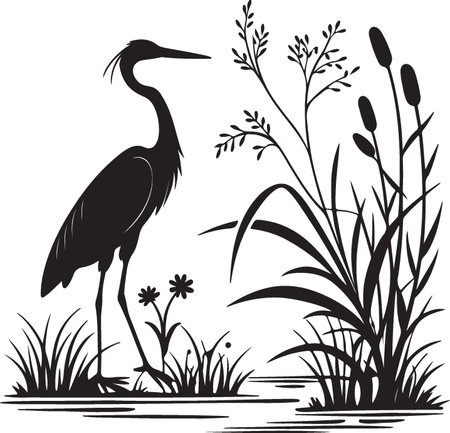 Vector image of a heron on a background of reeds.のイラスト素材