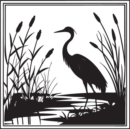 Heron silhouette on a background of reeds. Vector illustration.のイラスト素材