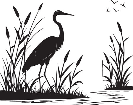 Heron in the reeds. Vector illustration ready for vinyl cutting.のイラスト素材