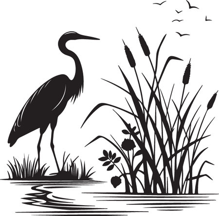 Heron on a background of reeds and birds. Vector illustrationのイラスト素材