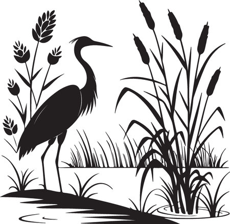 Vector image of a heron and reeds in the swamp.のイラスト素材