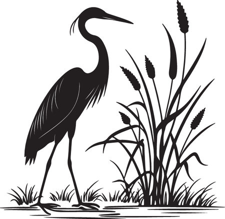 Heron and reeds. Vector illustration ready for vinyl cutting.のイラスト素材