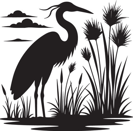 Heron and reeds.Vector illustration ready for vinyl cutting.のイラスト素材