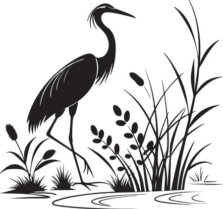 Heron in the grass.Vector illustration ready for vinyl cutting.のイラスト素材