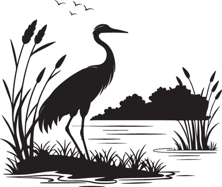 Heron on the lake. Vector illustration ready for vinyl cutting.のイラスト素材