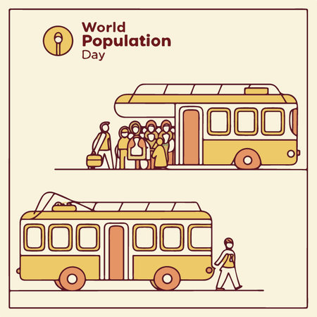 Vector illustration of World Population Day. People on the bus stop.のイラスト素材
