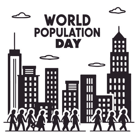 World Population Day poster with people silhouettes and city skyline. Vector illustration.のイラスト素材