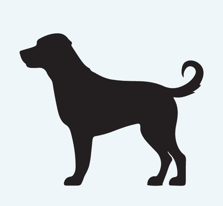 Black silhouette of a dog on a blue background. Vector illustration.のイラスト素材