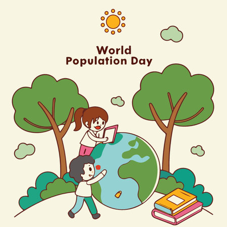 World Population Day. Vector illustration. Girl and boy with books.のイラスト素材