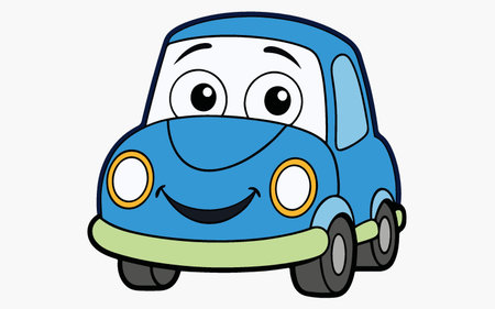 Illustration of a cartoon blue car with a smiley face.のイラスト素材
