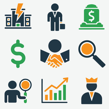 Business and finance icons set. Businessman, graph, magnifier and money.のイラスト素材