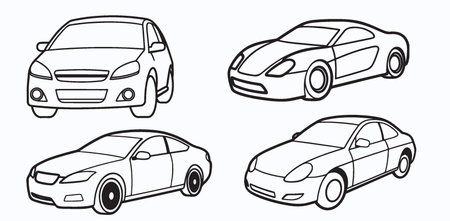 Set of cars. Vector illustration in outline style. Isolated on white background.のイラスト素材