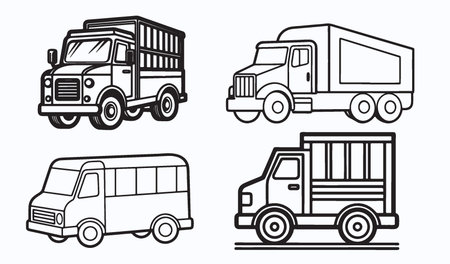 Cargo truck icons set. Black and white design. Vector illustration.のイラスト素材