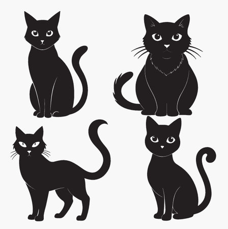 Set of black cats silhouettes isolated on white background. Vector illustration.のイラスト素材