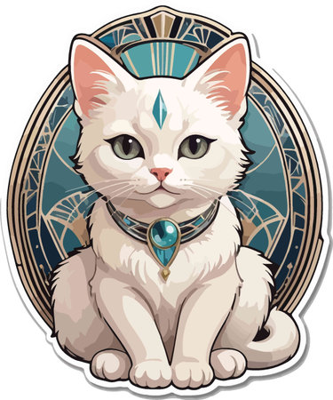 Cute white cat with blue eyes and turquoise necklace. Vector illustration.のイラスト素材