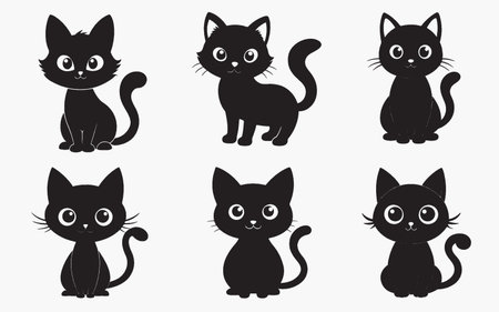 Black cat icon set isolated on white background. Cute cartoon kitty. Vector illustration.のイラスト素材