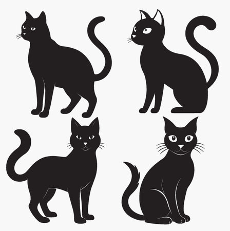 Set of different cats silhouettes. Black and white vector illustration.のイラスト素材
